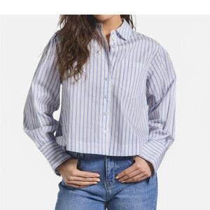 Derek Lam 10 Crosby Womens  Estrella Striped Cropped Button-Up Shirt, Blue